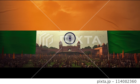 India Republic Day. A vibrant scene unfolds on India Republic Day: Tri-color flags flutter in the patriotic breeze as people celebrate democracy, unity, and national pride. 114082360