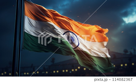 India Republic Day. A vibrant scene unfolds on India Republic Day: Tri-color flags flutter in the patriotic breeze as people celebrate democracy, unity, and national pride. 114082367