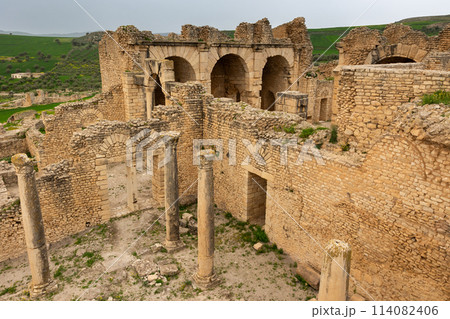 Exterior view to roman termas ruin at Dougga. Tunisia 114082406