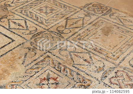Preserved Roman mosaics at Dougga Nymphaeum, Tunisia 114082595