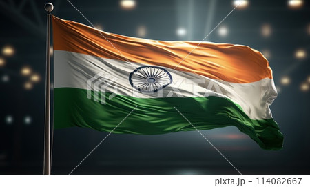 India Republic Day. A vibrant scene unfolds on India Republic Day: Tri-color flags flutter in the patriotic breeze as people celebrate democracy, unity, and national pride. 114082667