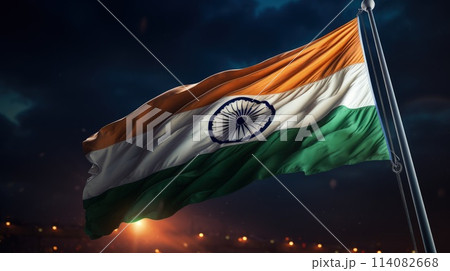 India Republic Day. A vibrant scene unfolds on India Republic Day: Tri-color flags flutter in the patriotic breeze as people celebrate democracy, unity, and national pride. 114082668
