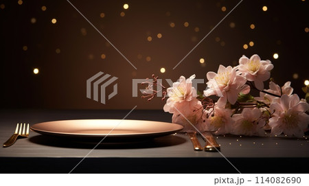 Table setting, harmonious combination of ornaments, dining for various events, wedding invitations, banquet christening, birthday parties. banner, copy space, background, text 114082690