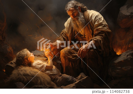 Abrahamic trial: tale of attempted sacrifice, Abraham's profound test faith obedience in offering Isaac to God on Mount Moriah, unraveling divine narrative of devotion and providential intervention. 114082738