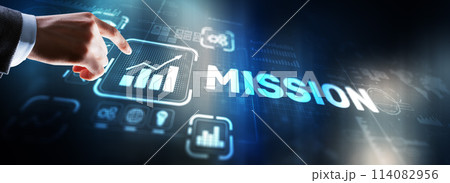 Businessman clicks on virtual screen Mission 114082956