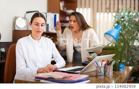 Irritated woman boss scolding manager for incompetence 114082959