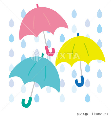 デフォルメしたかわいい傘3本と雨のベクターイラスト デフォルメしたかわいい傘3本と雨のベクターイラスト 114083064