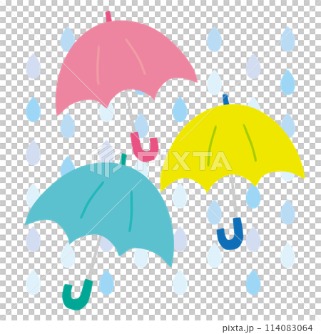 デフォルメしたかわいい傘3本と雨のベクターイラスト デフォルメしたかわいい傘3本と雨のベクターイラスト 114083064