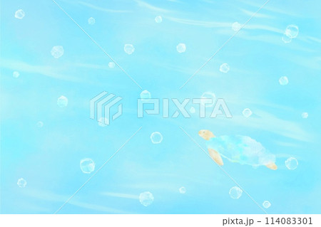 海の中をゆったりと泳ぐウミガメのイラスト。涼しげな青背景の水彩風イラスト。 114083301