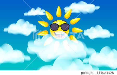 Sun in sunglasses character smiley cartoon, blue sky with clouds Sun in sunglasses character smiley cartoon, blue sky with clouds 114083520