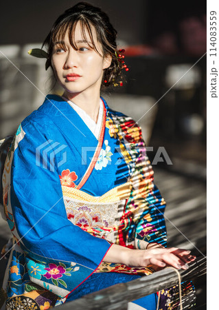 振袖を着て縁側に座っている美人の若い女性 114083559