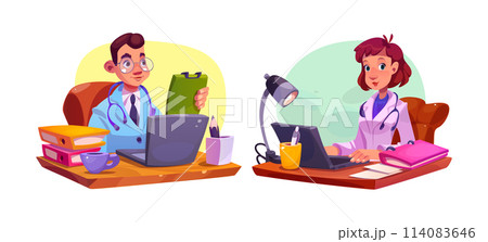 Man doctor on hospital desk with computer vector Man doctor on hospital desk with computer vector 114083646