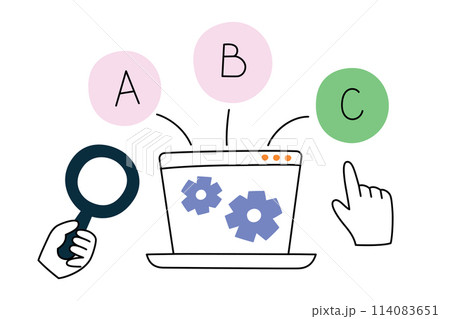 Online test composition, laptop screen with checkmarks icons, vector illustration of choosing right answer, taking exam on computer, school or college education, choice in questionnaire 114083651