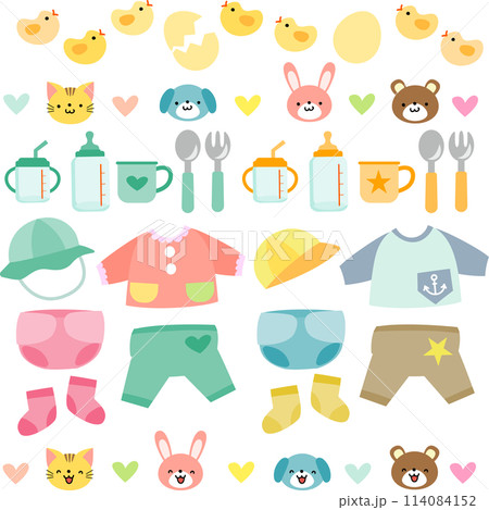ベビーグッズとかわいい動物のイラストセット 114084152