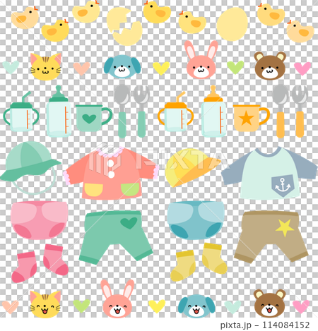Baby goods and cute animal illustration set 114084152