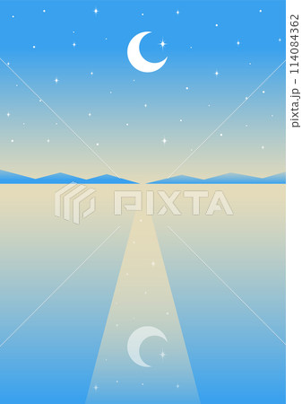 Night moon valley - beautiful dreamy vector wallpaper. Sky panorama with stars and blue mountains. 114084362