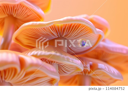 A close up of a bunch of orange mushrooms with a blue drop in the center with Generative AI A close up of a bunch of orange mushrooms with a blue drop in the center with Generative AI 114084752