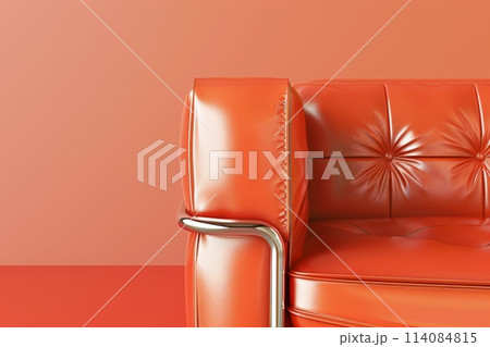 A tan leather couch sits in front of a colorful wall with Generative AI 114084815