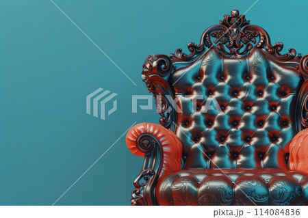 A red chair with gold trim sits on a blue background with Generative AI A red chair with gold trim sits on a blue background with Generative AI 114084836