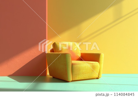 A colorful chair sits in front of a colorful wall with Generative AI 114084845