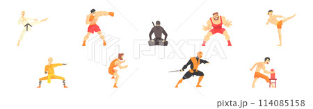 Man as Martial Arts Fighter and Warrior Vector Set 114085158