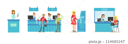 People Clients in Bank Office Talk to Consultant Vector Set 114085247