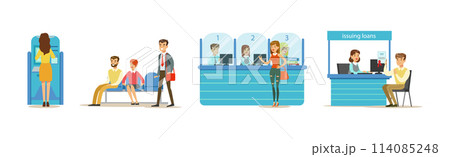 People Clients in Bank Office Talk to Consultant Vector Set People Clients in Bank Office Talk to Consultant Vector Set 114085248