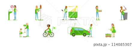 Eco Friendly Life with People Character Care of Ecology and Planet Vector Set 114085307