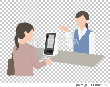 接待處的一位女士拿著「我的號碼」保險卡，另一位女士在辦公室 114085344
