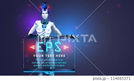 AI or artificial intelligence in the form of a humanoid female robot holds an empty poster or screen template in its hands. Vector. AI bot presents business report. Robot Speaker presentation about AI AI or artificial intelligence in the form of a humanoid female robot holds an empty poster or screen template in its hands. Vector. AI bot presents business report. Robot Speaker presentation about AI 114085371