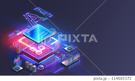 Processor with integration AI. AI Letters on chip. CPU connected to motherboard . Artificial intelligence technology in electronic chip on pcb board. Hardware tech conceptual background. 3d Vector. 114085372