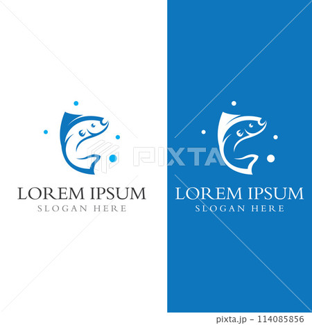 Fish logo, fishinghook, fish oil and seafood restaurant icon. With vector icon concept design illustration template Fish logo, fishinghook, fish oil and seafood restaurant icon. With vector icon concept design illustration template 114085856
