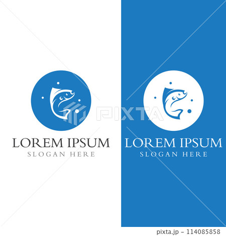 Fish logo, fishinghook, fish oil and seafood restaurant icon. With vector icon concept design illustration template Fish logo, fishinghook, fish oil and seafood restaurant icon. With vector icon concept design illustration template 114085858