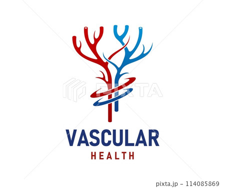 Vein vascular artery health icon. Isolated vector emblem of blood circulation and cardiovascular wellness. Artery symbol for phlebology clinic, features capillary vessels in red and blue colors Vein vascular artery health icon. Isolated vector emblem of blood circulation and cardiovascular wellness. Artery symbol for phlebology clinic, features capillary vessels in red and blue colors 114085869