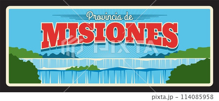 Misiones Argentine province vintage travel plate. Iguazu Falls nature landscape sign and retro sticker design. Iguacu Falls waterfalls of the Iguazu River, argentinian landmark tin plaque Misiones Argentine province vintage travel plate. Iguazu Falls nature landscape sign and retro sticker design. Iguacu Falls waterfalls of the Iguazu River, argentinian landmark tin plaque 114085958