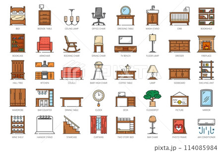 Color furniture icons, home interior and room decor. Vector thin line sofa, chair, bed and table, wardrobe, couch, armchair and desk objects set. Outline closet, mirror, bookcase, shelves and lamp 114085984