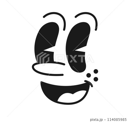 Cartoon face, groovy emoji with funny comic eyes or retro cute emoticon, vector character. Groovie smiling face with happy emotion and big goggle eyes in retro doodle line for cartoon character Cartoon face, groovy emoji with funny comic eyes or retro cute emoticon, vector character. Groovie smiling face with happy emotion and big goggle eyes in retro doodle line for cartoon character 114085985