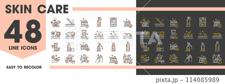 Face and hands skin care line icons, cosmetology and mesotherapy, vector symbols. Face skincare icons of cosmetic treatments, facial mask and cream or essence, peeling and moisturizer for hands 114085989