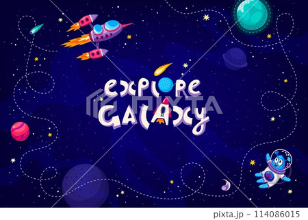 Cartoon galaxy space background with rocket path, stars and alien, vector poster. Outer space frame with rocket spaceship trail, planets and asteroids, comets and alien Martian spaceman in starry sky 114086015