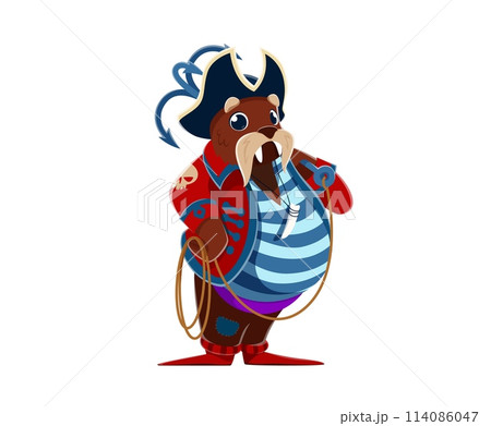 Cartoon walrus animal boatswain pirate character, corsair seaman with grappling hook. Isolated vector morse personage, wear striped vest and filibuster attire, ready for boarding ships and robber loot Cartoon walrus animal boatswain pirate character, corsair seaman with grappling hook. Isolated vector morse personage, wear striped vest and filibuster attire, ready for boarding ships and robber loot 114086047