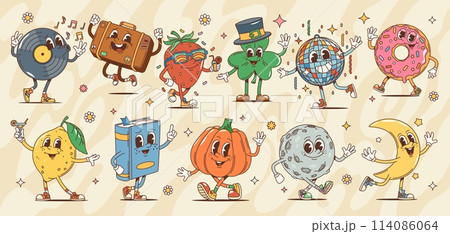 Groovy retro cartoon characters in hippie of 60s or 70s art, vector funky comic. Happy groovy donut with vinyl disk and disco ball or moon planet characters with cute face in groovie retro style 114086064