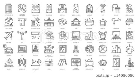 Hotel service icons, vector travel, tourism and vacation. Thin line room service breakfast, bed, bath and shower, hotel restaurant, reception, key and pool, luggage, bar, gym and passport symbols 114086080