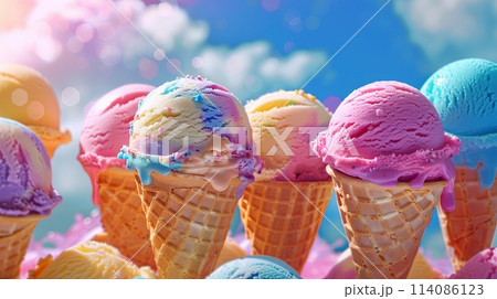 multi-colored delicious ice cream in cones on a blue sky background multi-colored delicious ice cream in cones on a blue sky background 114086123