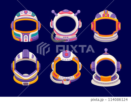 Photobooth kids astronaut space helmets. Cartoon vector set of cosmonaut or shuttle pilot costume headwear with glass visor and antenna. Protective wear for spaceman travel in open space or galaxy Photobooth kids astronaut space helmets. Cartoon vector set of cosmonaut or shuttle pilot costume headwear with glass visor and antenna. Protective wear for spaceman travel in open space or galaxy 114086124