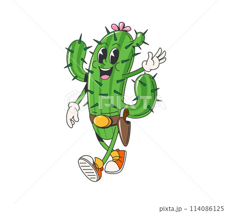 Cartoon retro groovy wild west cacti character. Isolated vector spiky cactus cowboy or bandit personage. Funny succulent rancher with big eyes, and gun on belt holster ready for western adventures Cartoon retro groovy wild west cacti character. Isolated vector spiky cactus cowboy or bandit personage. Funny succulent rancher with big eyes, and gun on belt holster ready for western adventures 114086125