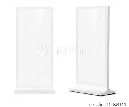 Outdoor stand display mockup, 3d vector isolated realistic promotional or informational kiosk for showcasing product branding in urban settings. White blank boards for marketing ads presentations 114086126