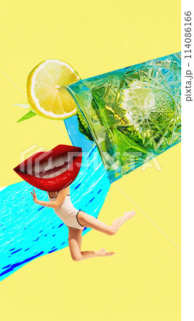 Poster. Contemporary art collage. Woman in swim suit with smile instead of head swimming from glass of refreshing mojito. 114086166
