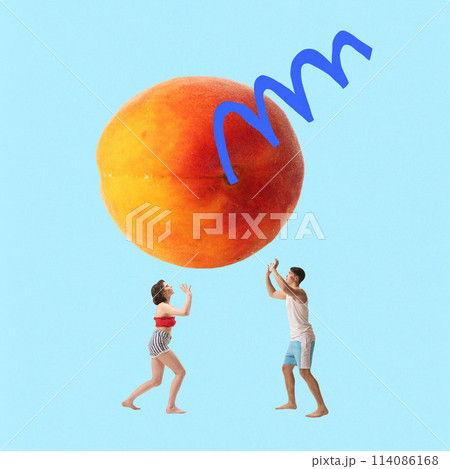 Poster. Contemporary art collage. Young active people, playing beach volleyball with huge peach instead of sport ball. Activity. Poster. Contemporary art collage. Young active people, playing beach volleyball with huge peach instead of sport ball. Activity. 114086168