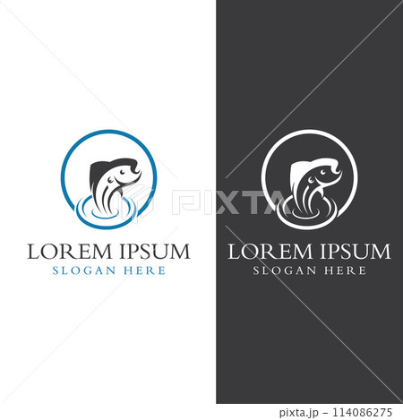 Fish logo, fishinghook, fish oil and seafood restaurant icon. With vector icon concept design illustration template Fish logo, fishinghook, fish oil and seafood restaurant icon. With vector icon concept design illustration template 114086275