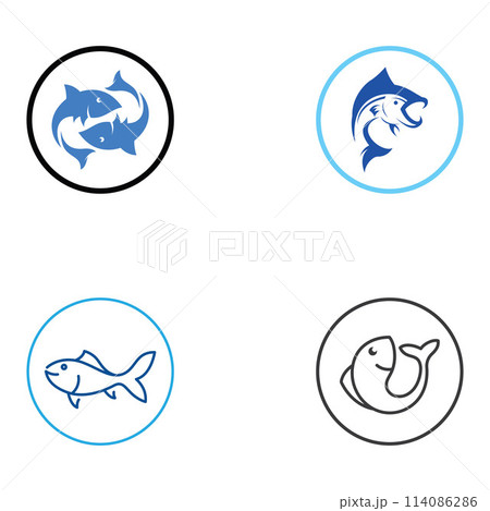 Fish logo, fishinghook, fish oil and seafood restaurant icon. With vector icon concept design illustration template Fish logo, fishinghook, fish oil and seafood restaurant icon. With vector icon concept design illustration template 114086286